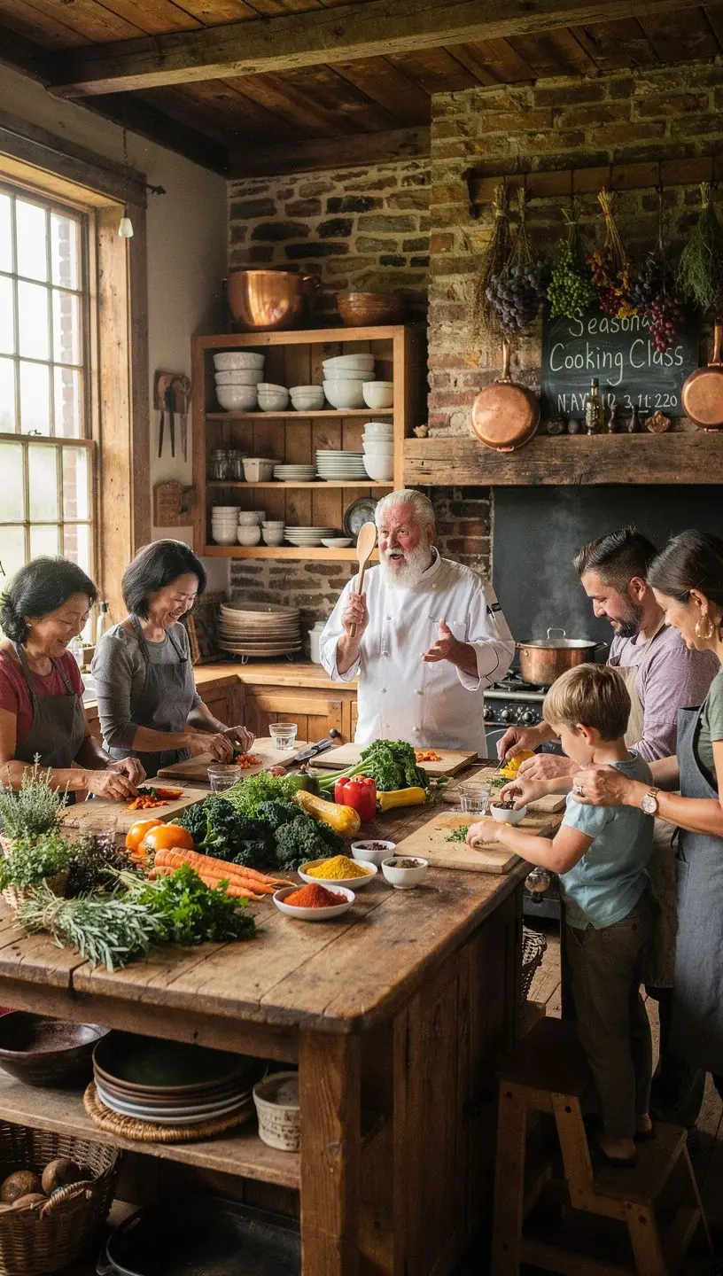 Turyści biorący udział w warsztatach kulinarnych w lokalnej kuchni.